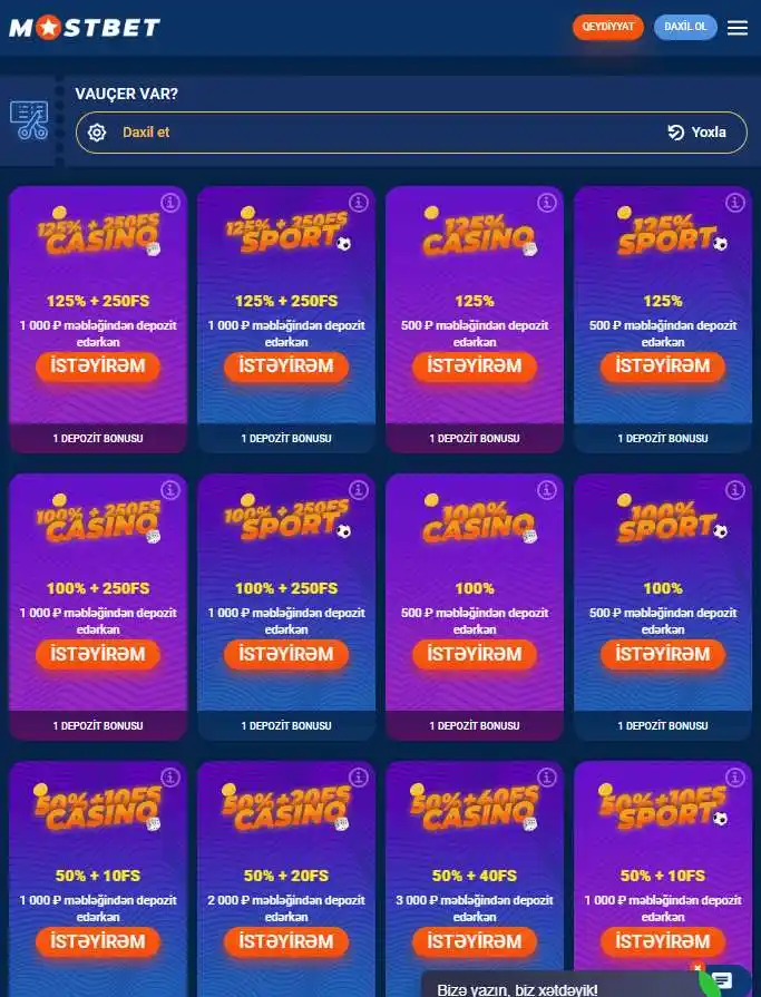 Promokodlarla aktivləşdirilən bonuslar səhifəsi